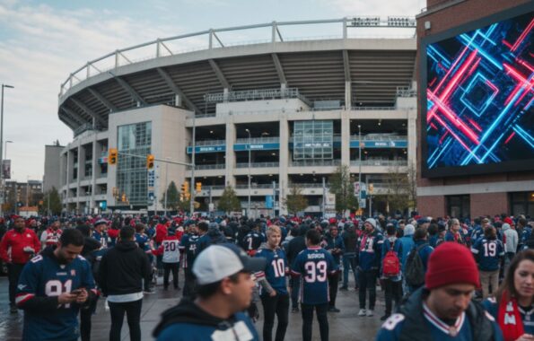 Sports fans walking through stadium concourse with digital advertising screens overhead.